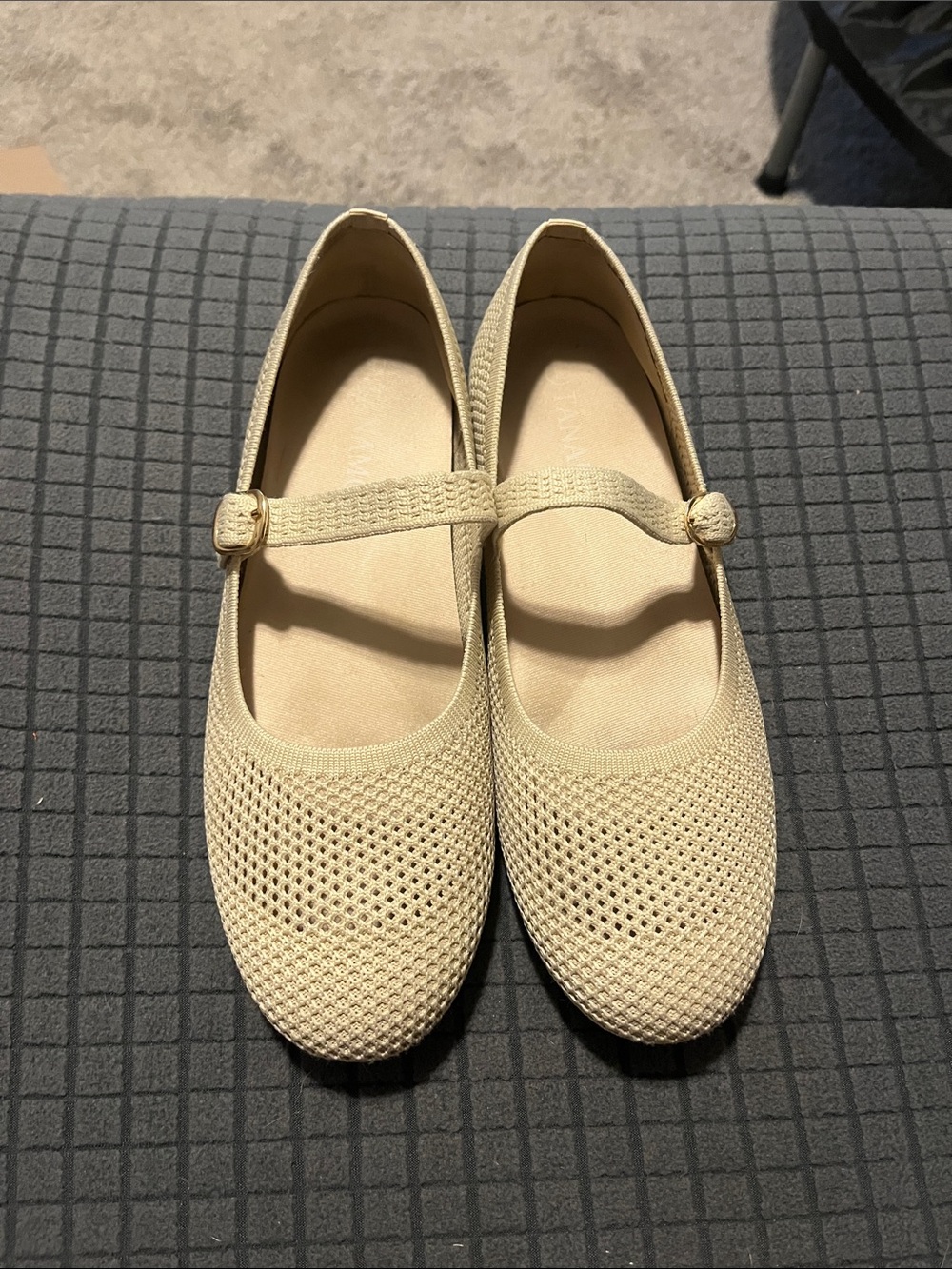 Women's Knit Mary Jane Flats in Beige with Strap